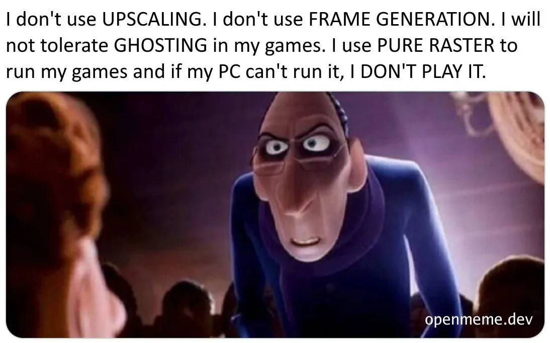 Cartoon character with a serious expression looking at someone, with text about gaming PC performance.