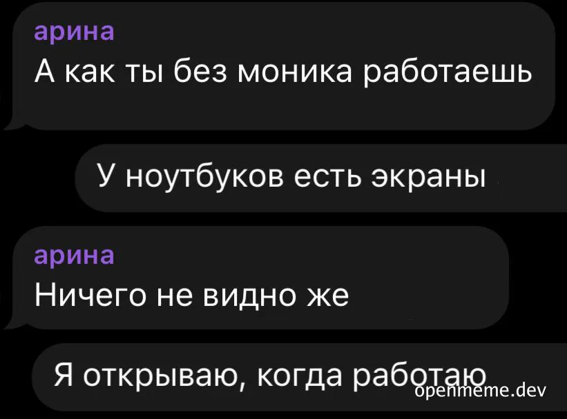 russian text message conversation about working without a monitor