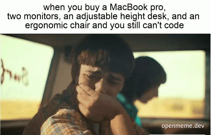 humorous image of a person covering their face with their hand, sitting in a car with another person in the background, relating to coding struggles