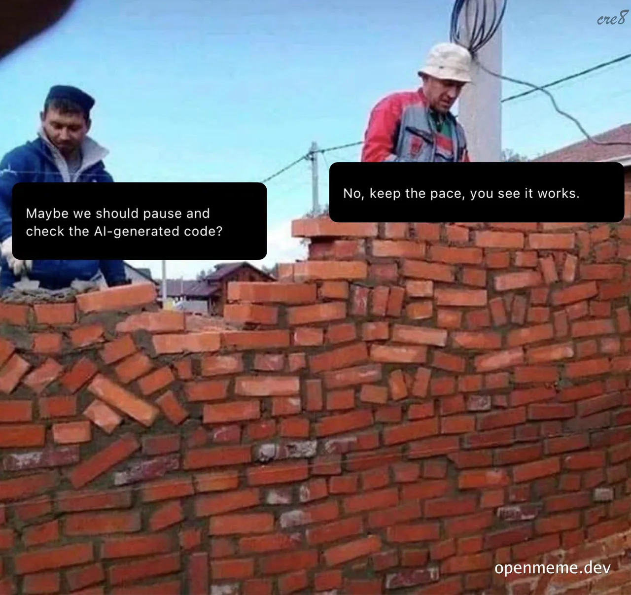 Meme of two construction workers building a poorly constructed brick wall with text about AI-generated code