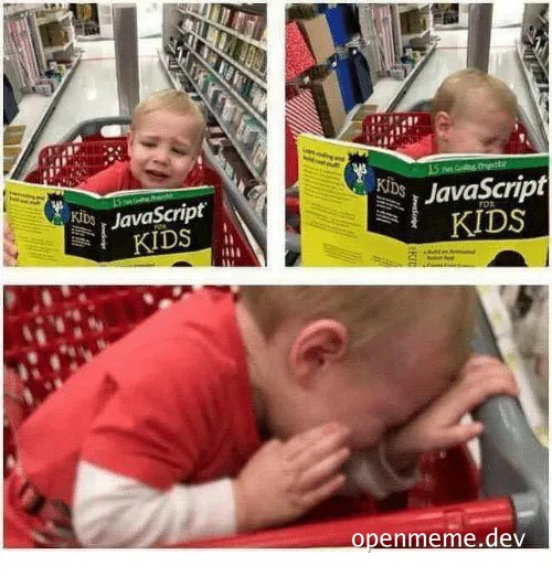 Toddler looking at a 'JavaScript for Kids' book in a shopping cart