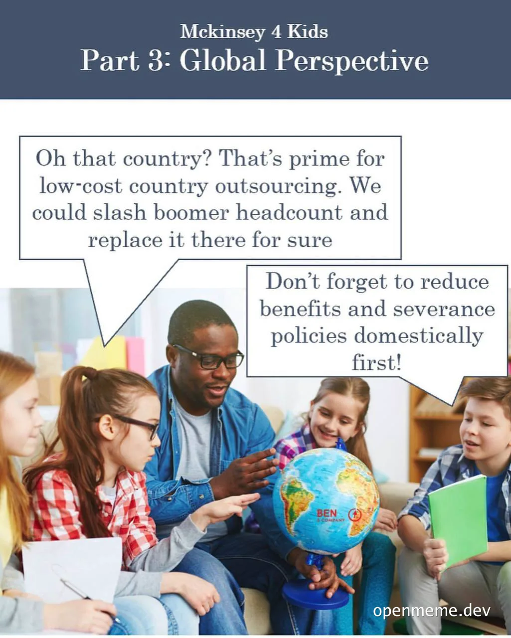 a group of children and a man looking at a globe with speech bubbles
