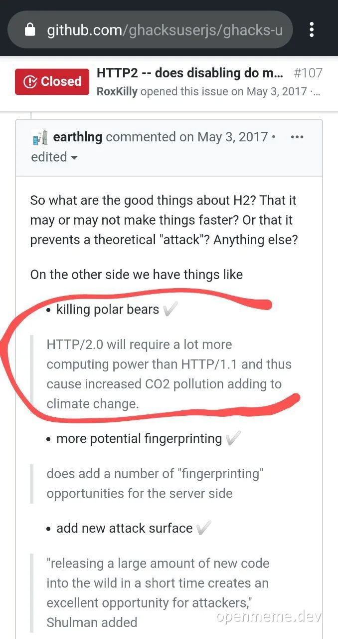 github issue comment with sarcastic remark about HTTP2