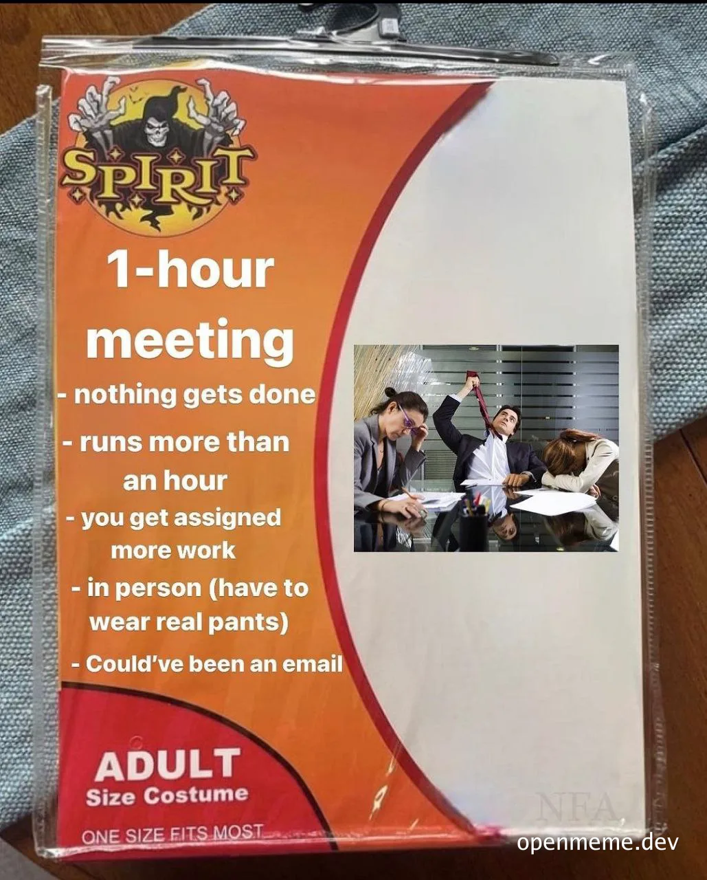 a product photo of a '1-hour meeting' costume