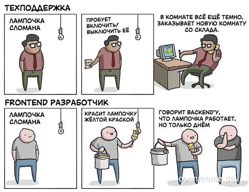 Комикс из двух рядов: техподдержка пытается включить сломанную лампочку и заказывает новую комнату со склада, а фронтенд
