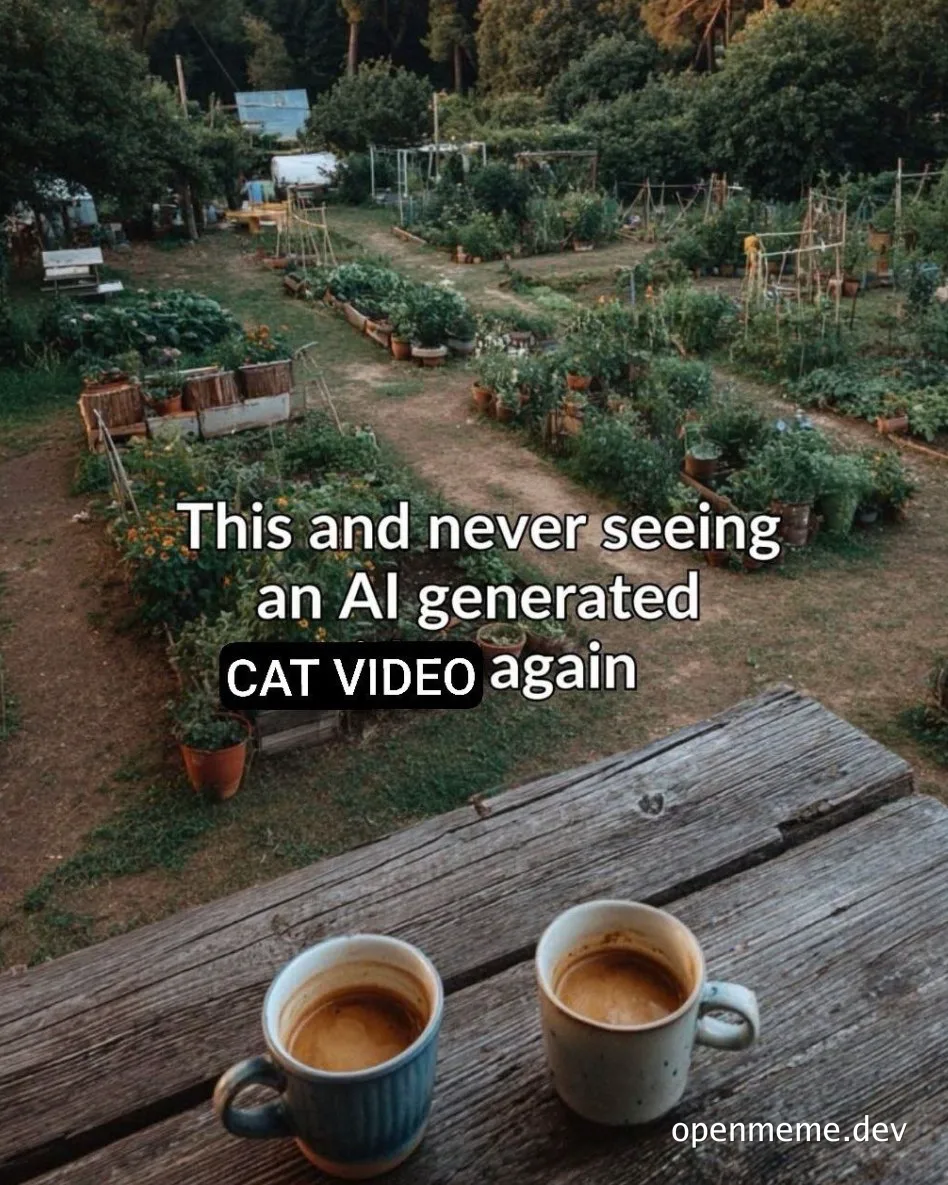 Two coffee cups on a wooden table overlooking a lush garden with text reading 'This and never seeing an AI generated CAT VIDEO again'