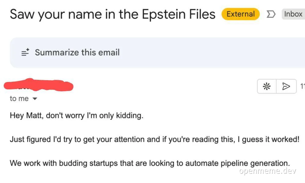 Email screenshot with subject line 'Saw your name in the Epstein Files'