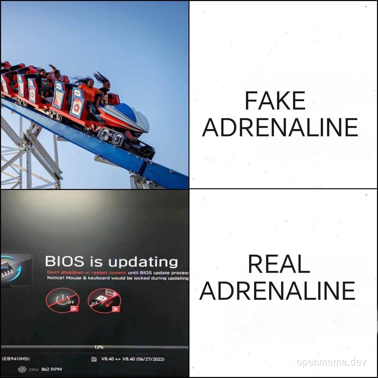 a rollercoaster and a computer screen comparing fake and real adrenaline