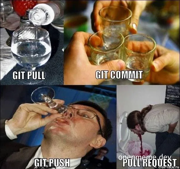 Git operations meme with drinking glasses