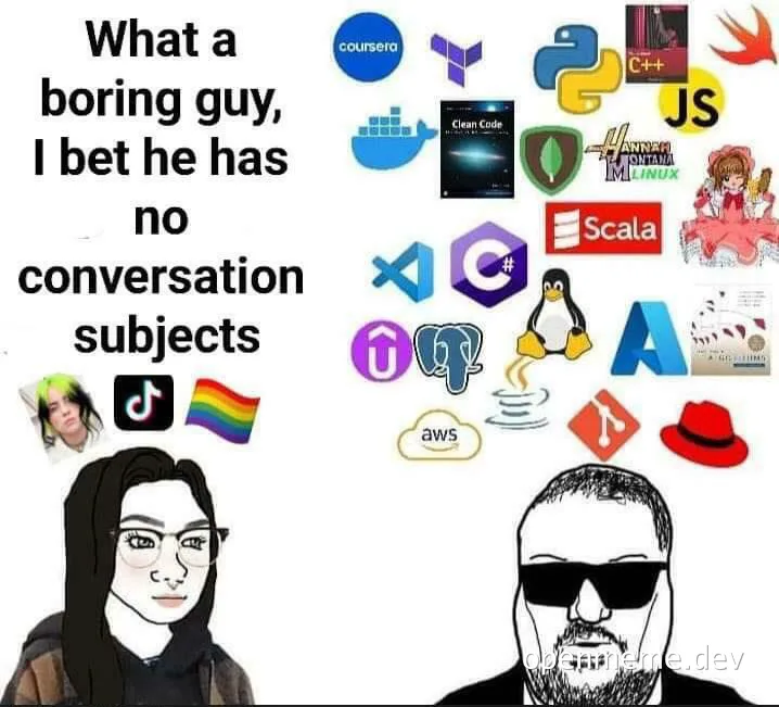 A cartoon woman comments on a man surrounded by programming logos, implying he's boring but knowledgeable about tech.
