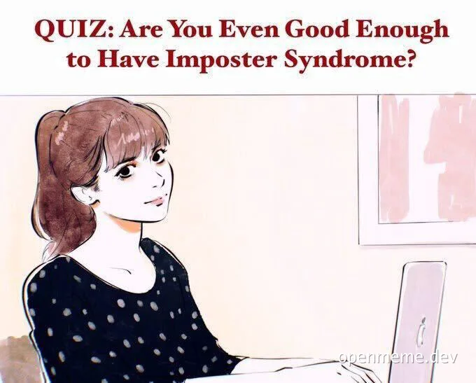 cartoon woman sitting at laptop with quiz about imposter syndrome