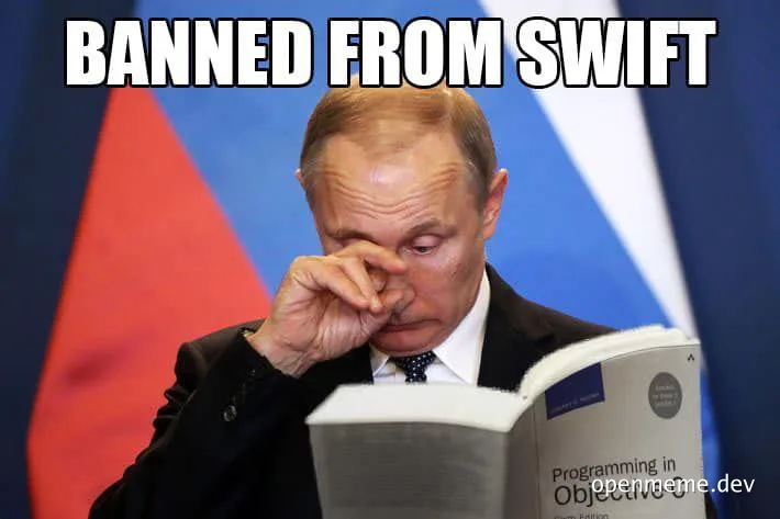 Putin reading a book with a sad expression, text 'BANNED FROM SWIFT'