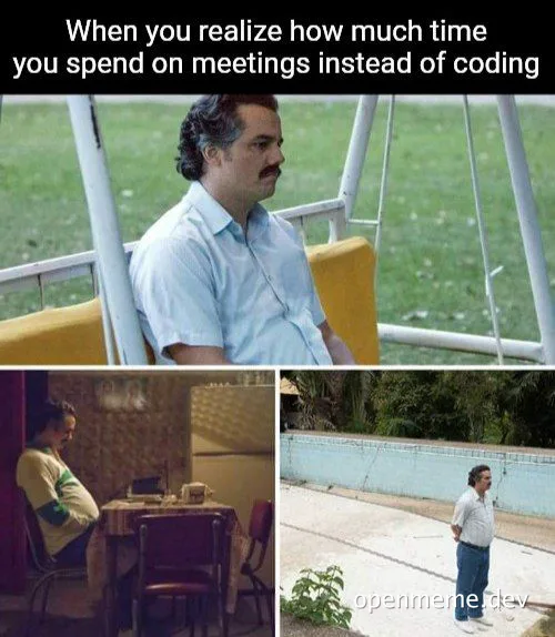 Man with mustache sitting on a swing, then at a laptop desk, then standing by a pool, captioned about realizing how much