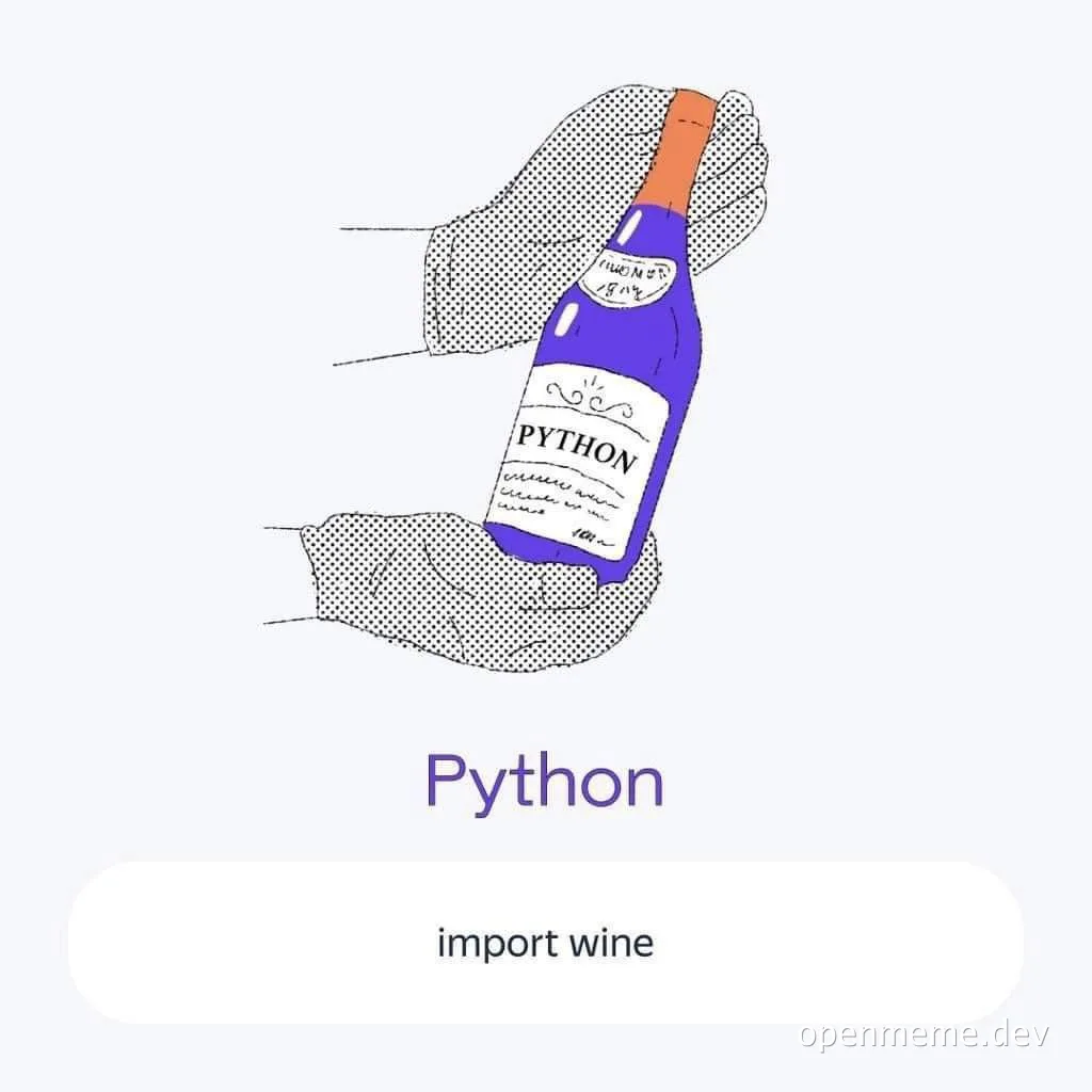 a purple wine bottle labeled 'PYTHON' with a code import prompt below