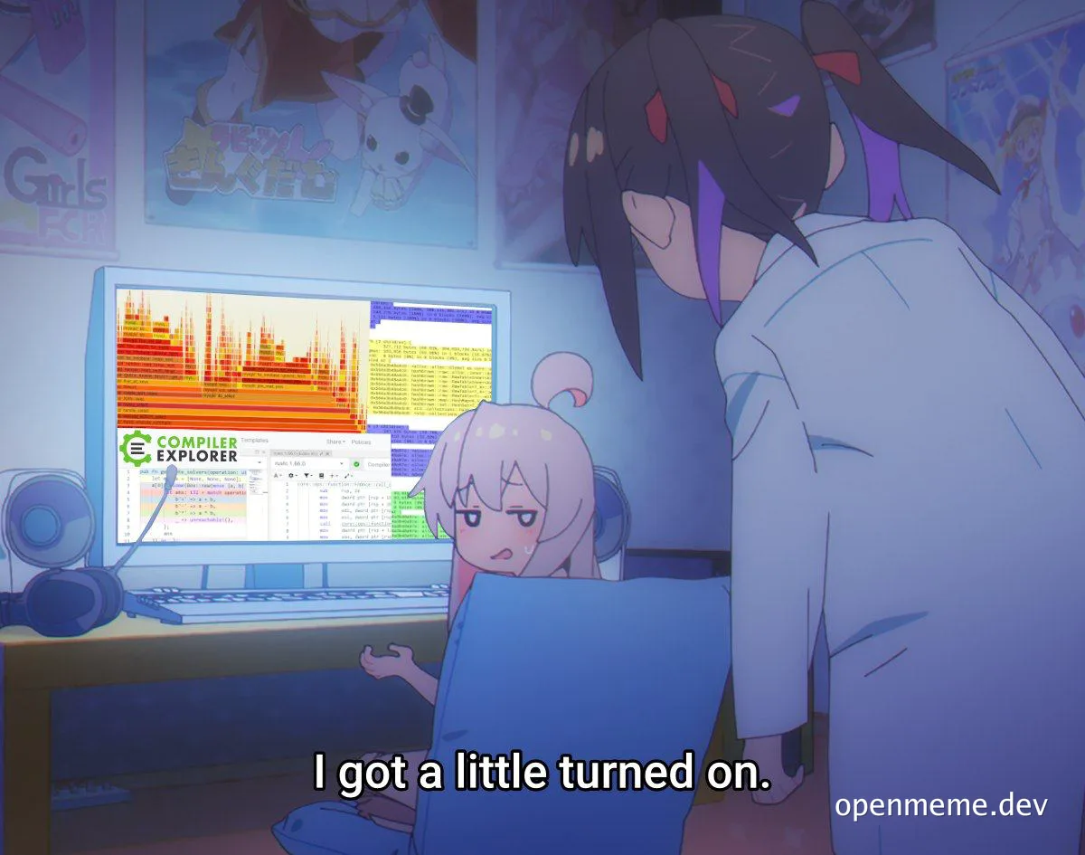 anime girl sitting at computer with embarrassed expression
