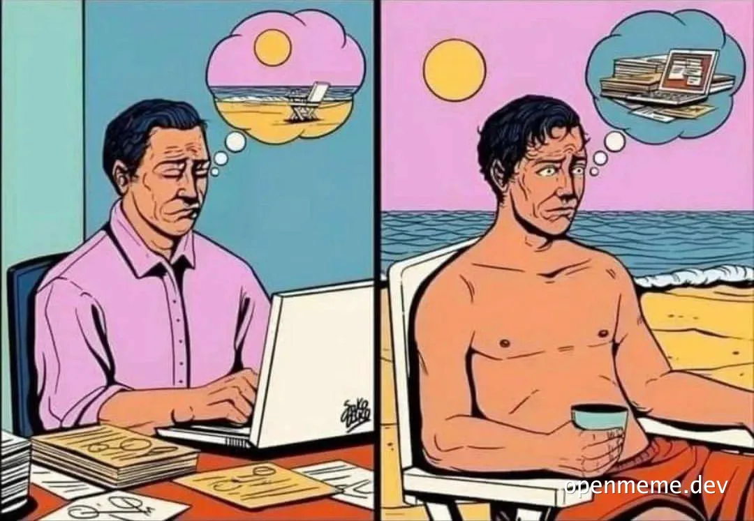 cartoon man daydreaming of beach while working on laptop