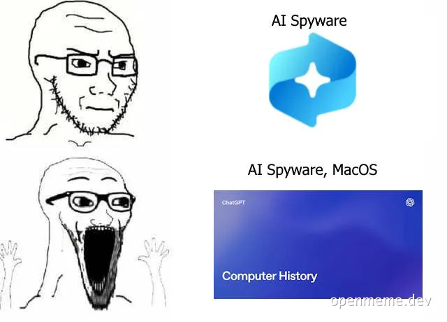 Rage comic character with glasses and stubble calm at first, then screaming in horror next to a ChatGPT window titled
