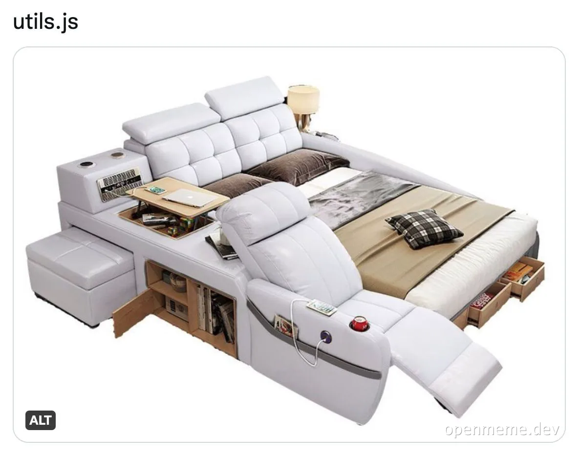 A meme comparing the utils.js file to an elaborate multifunctional bed featuring a recliner, storage, and a built-in desk.