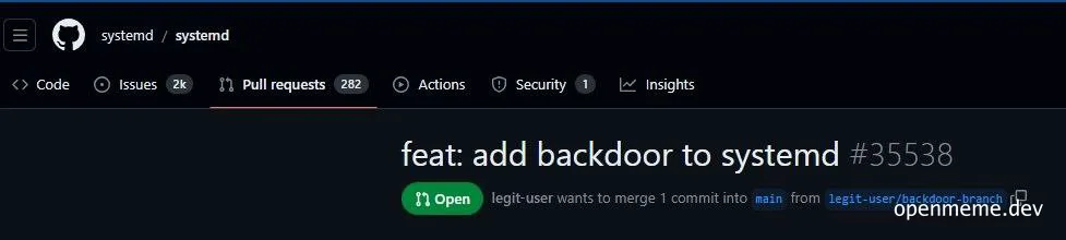 Screenshot of a GitHub pull request titled feat: add backdoor to systemd from the branch legit-user/backdoor-branch