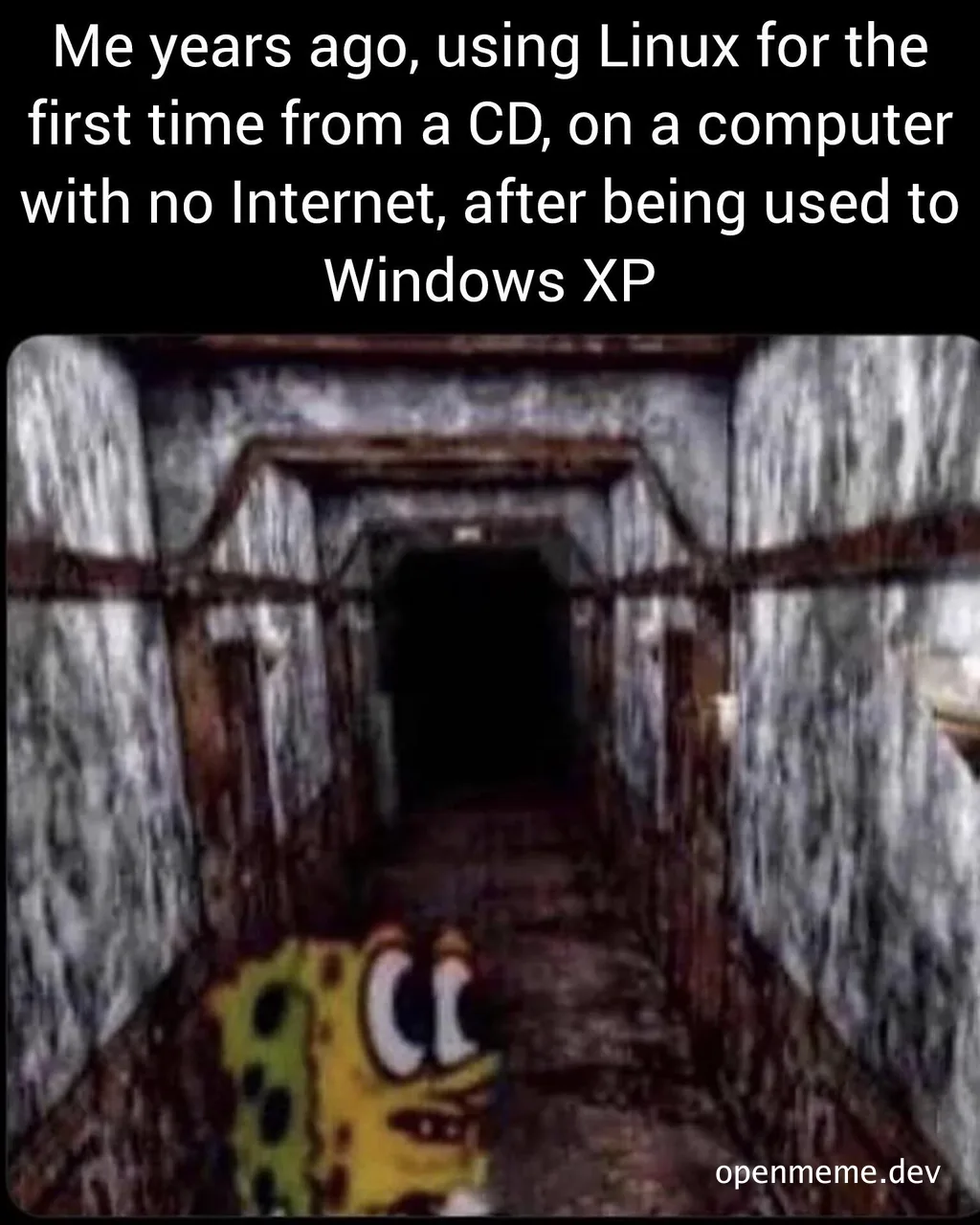 SpongeBob SquarePants peeking around a corner in a dark hallway