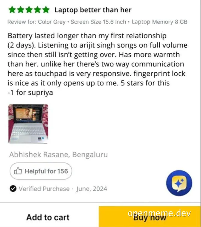 Laptop review with a humorous twist comparing a laptop's reliability to a past relationship