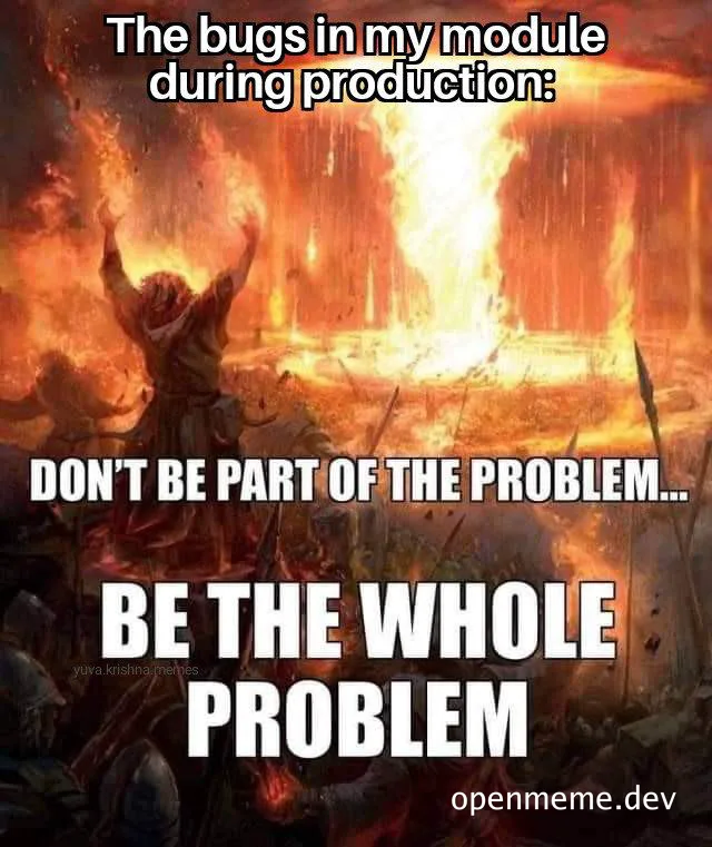 a person standing in a burning landscape with their arms raised, with the text 'The bugs in my module during production: DON'T BE PART OF THE PROBLEM... BE THE WHOLE PROBLEM'