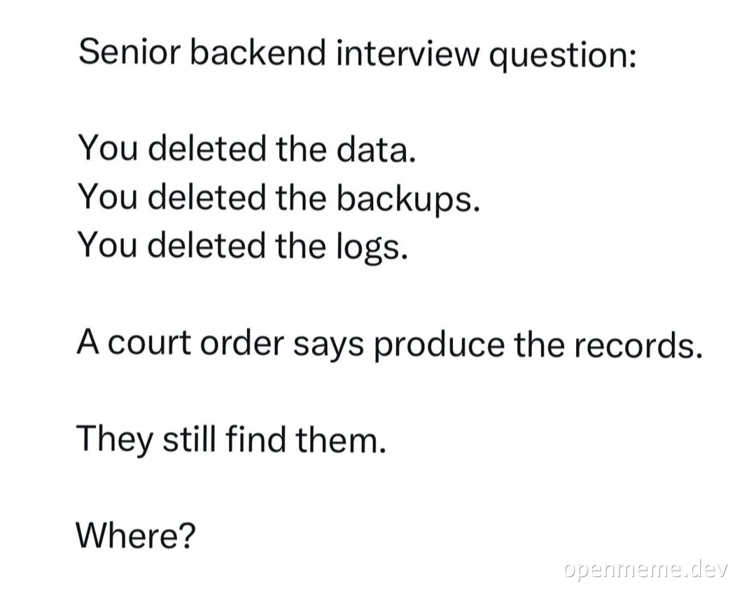 Text image displaying a senior backend interview question riddle about deleted data and backups.