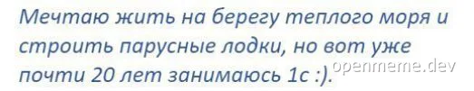 Russian text about a developer's dream to live by the sea and build sailboats, but instead works with 1C software