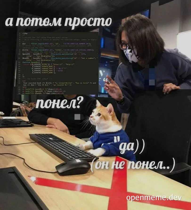 a cat in a blue sweatshirt sits at a computer with a woman explaining code on the screen