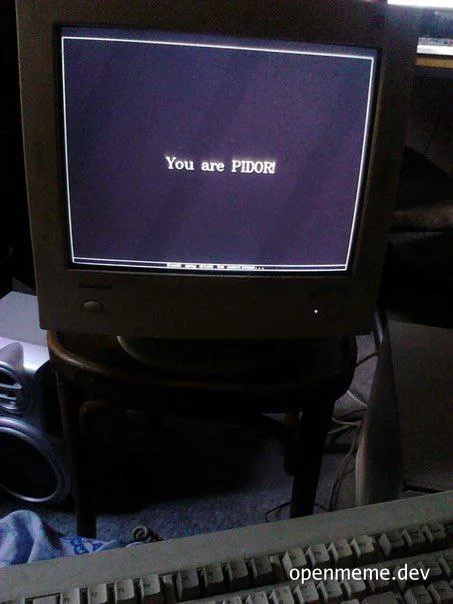 A beige CRT monitor displaying the text 'You are PIDOR' with a keyboard in the foreground.