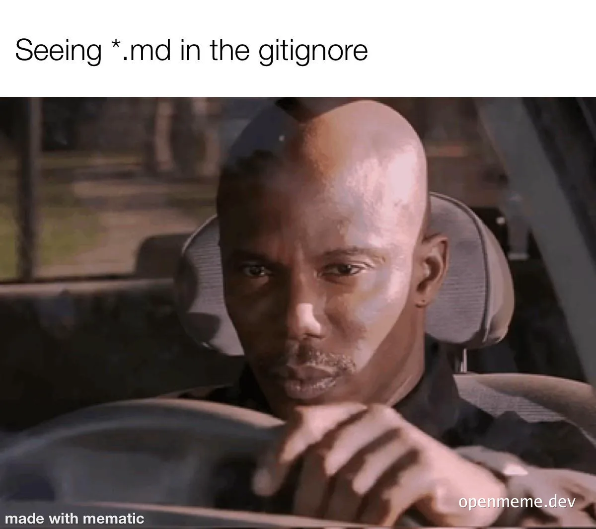 bald man looking surprised at steering wheel with text 'Seeing *.md in the gitignore'