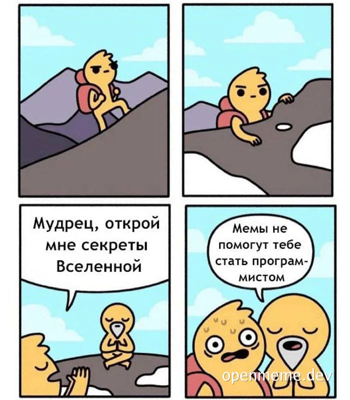 cartoon character seeking wisdom on a mountain, told memes won't make you a programmer