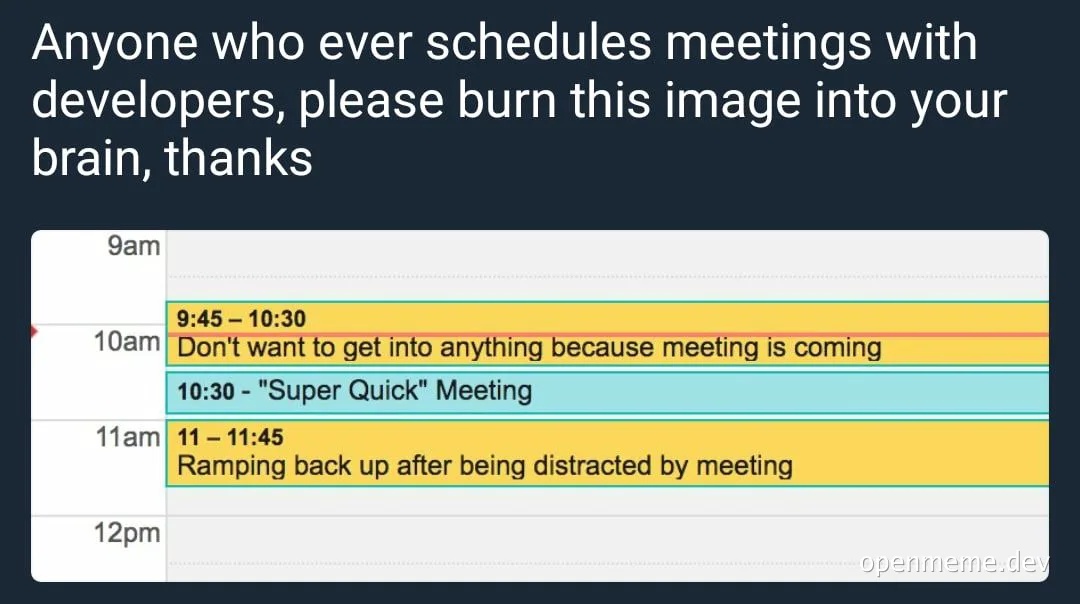 A calendar with a 'Super Quick' meeting and adjacent blocks for getting back to work