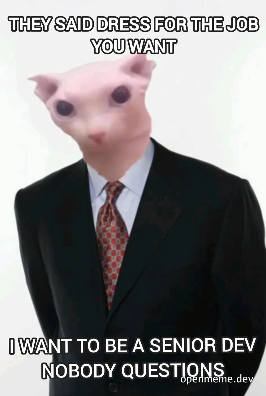 a pig in a business suit with the text 'they said dress for the job you want i want to be a senior dev nobody questions'