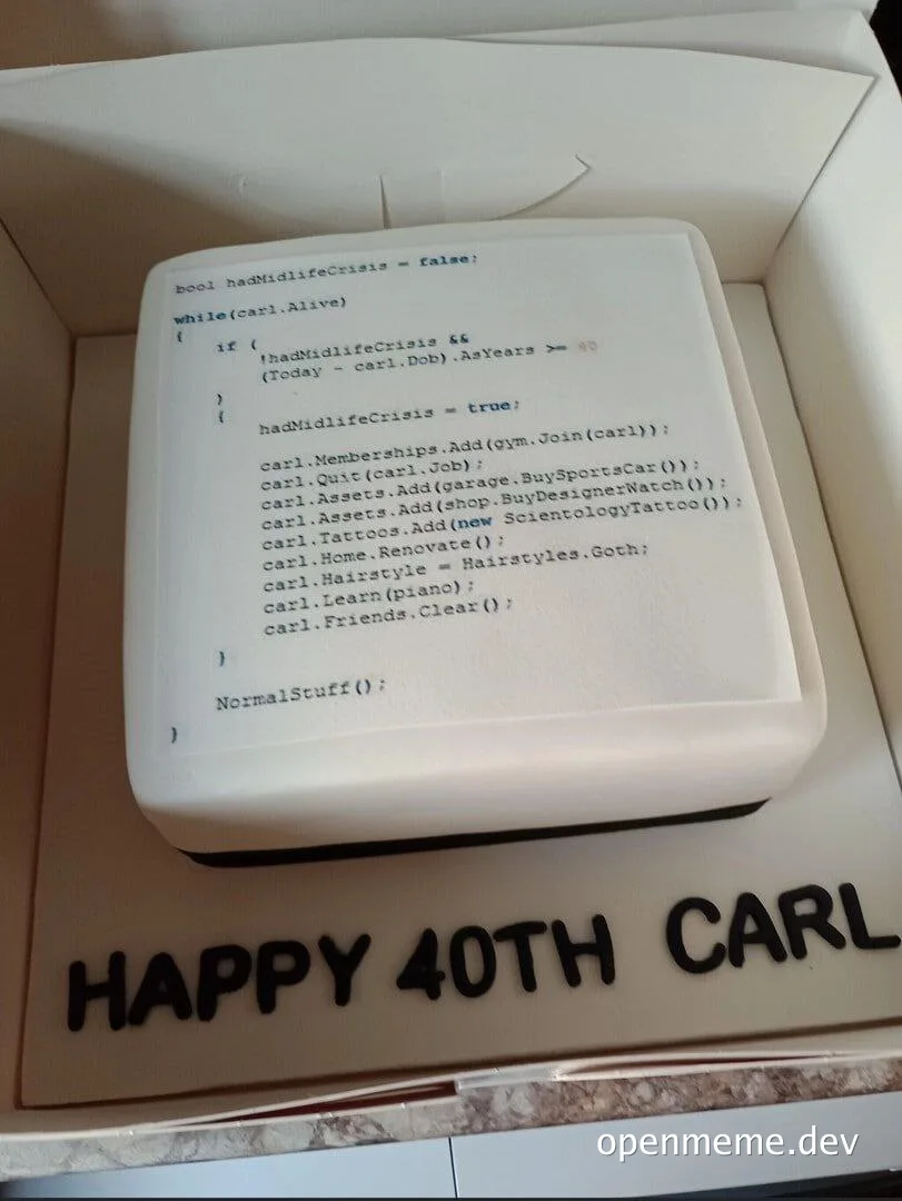 A white cake with code on it that says happy 40th Carl