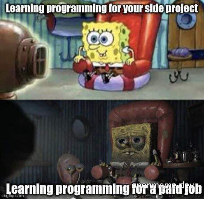 SpongeBob SquarePants meme comparing learning programming for a side project versus a paid job