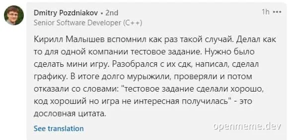 Senior software developer shares a story about a rejected game development test task