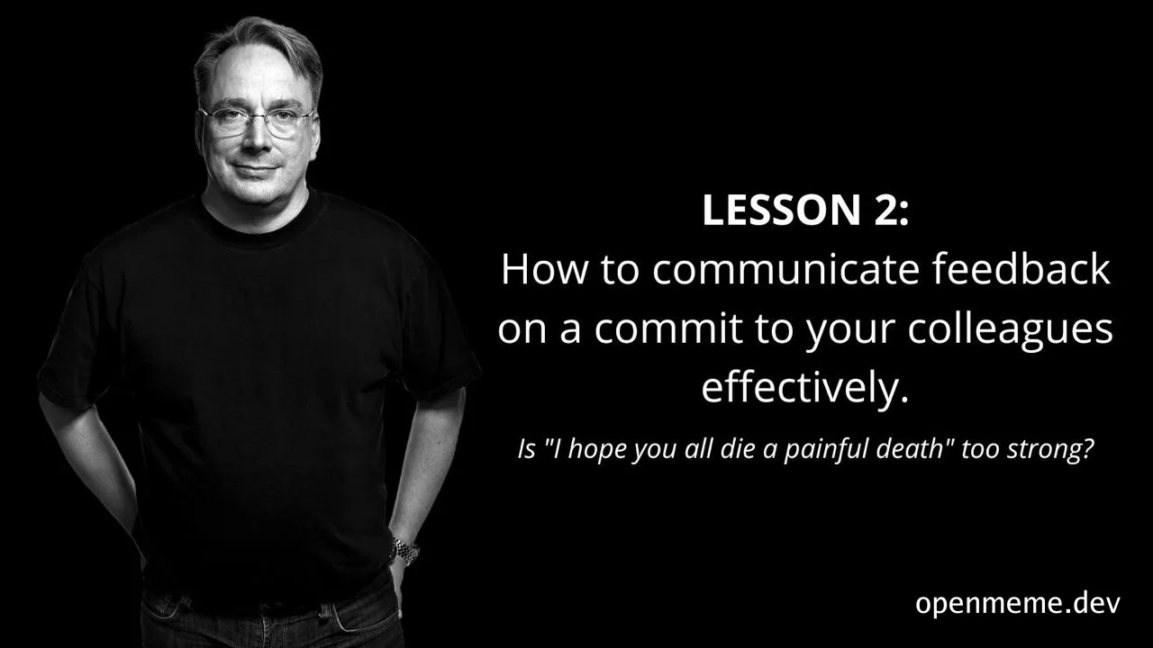 man in black shirt with text about giving feedback on code commits