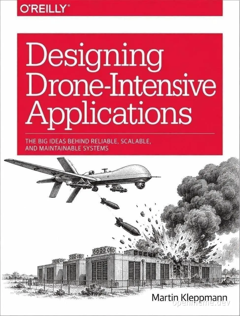 Parody O'Reilly book cover titled Designing Drone-Intensive Applications showing a military drone dropping bombs on a server