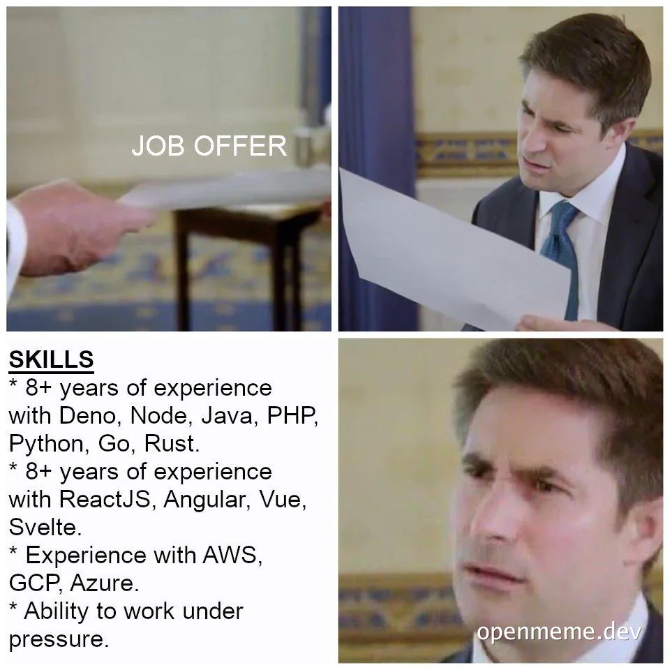 Job offer meme with a man looking at a job offer with an exaggerated reaction