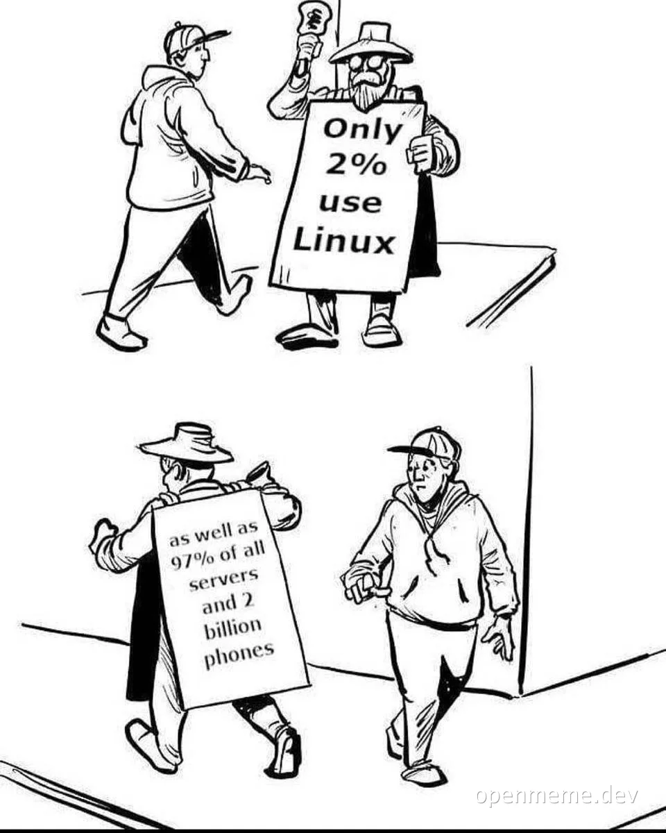 cartoon of two people discussing linux use statistics