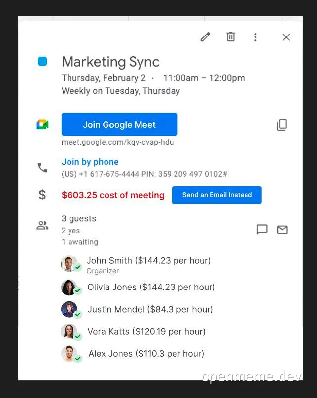 Google Calendar meeting cost