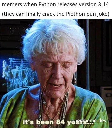 Elderly woman with white hair and green shirt looking down with a caption 'It's been 84 years...' and a meme text 'memers when Python releases version 3.14 (they can finally crack the Piethon pun joke)'