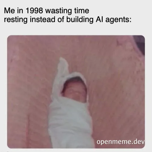 Baby swaddled and sleeping on a pink blanket with a caption about wasting time in 1998 instead of building AI agents