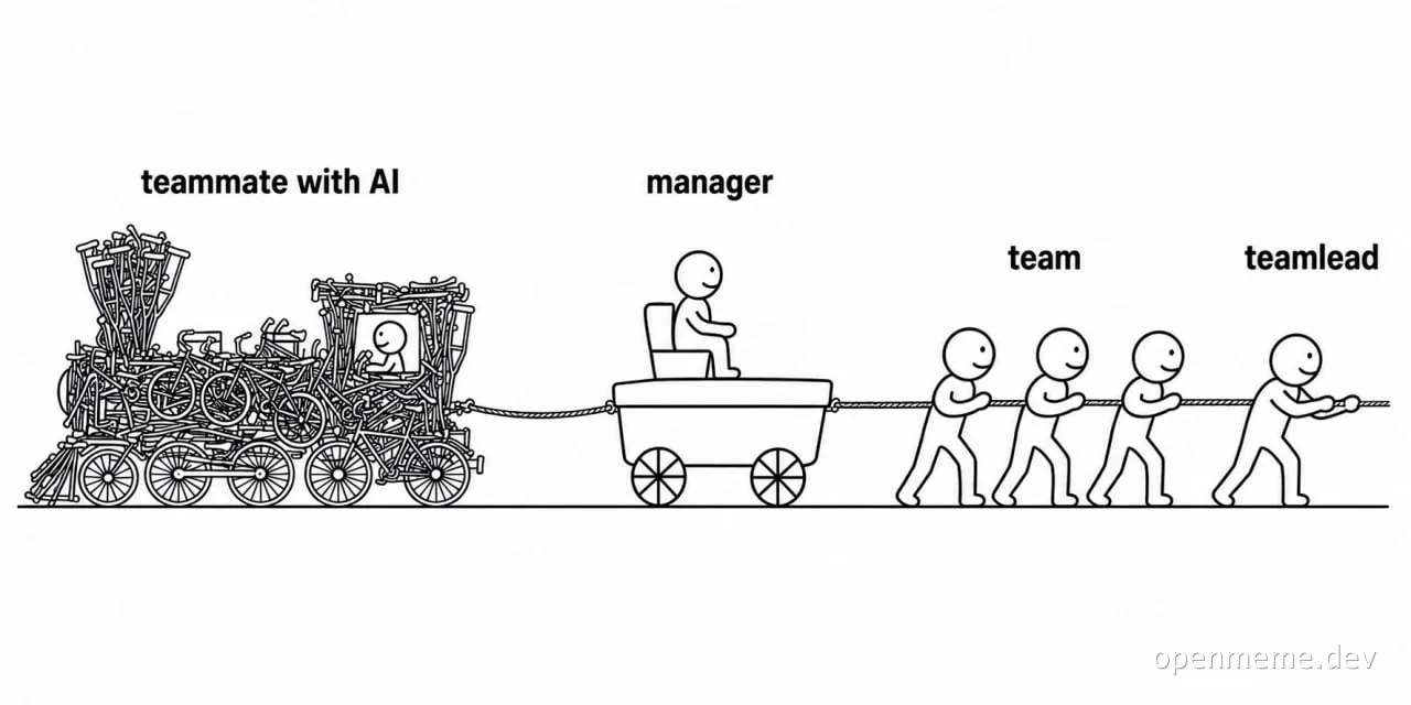 Cartoon of a team lead and team members pulling a rope attached to a cart carrying a manager and a teammate with a complex AI machine.