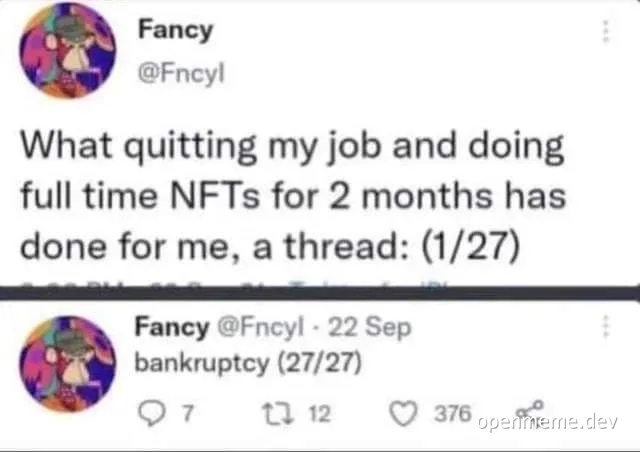 Quitting job for NFTs leads to bankruptcy