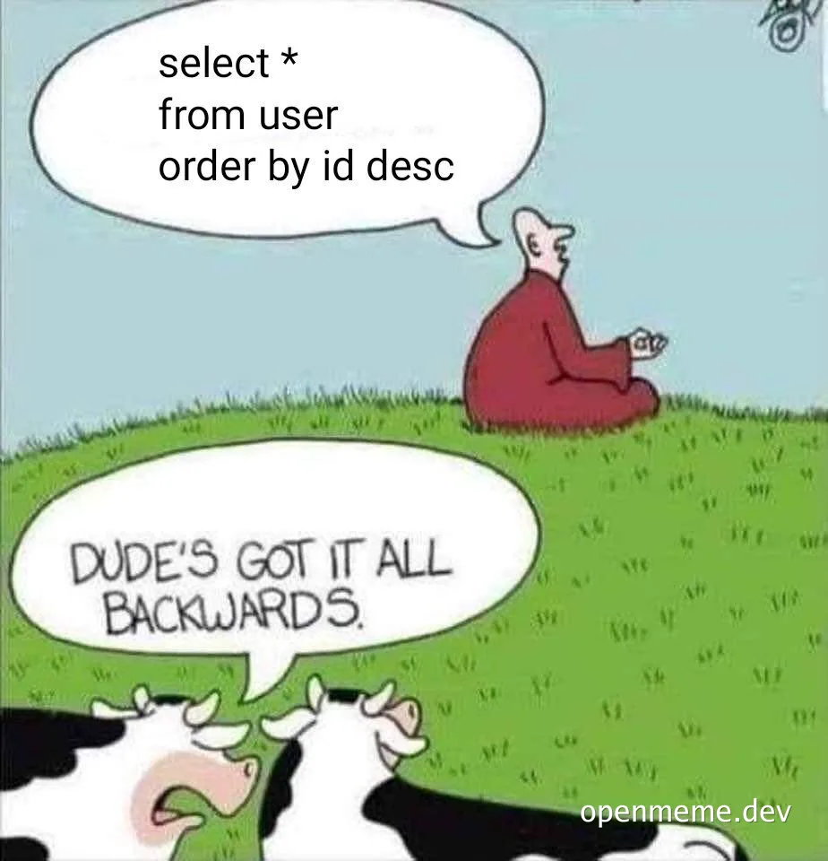 SQL query meme with cow and developer