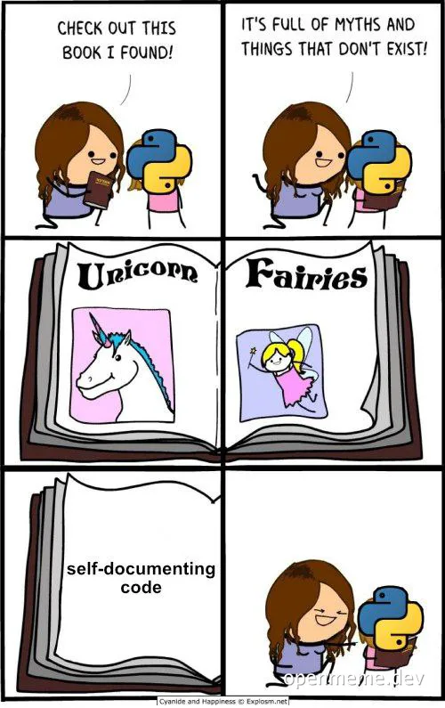 cartoon comic about self-documenting code being a myth