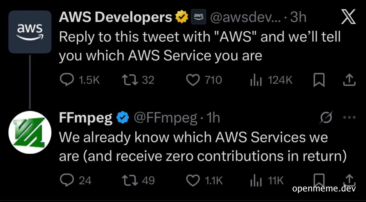 Meme of AWS Developers tweet and FFmpeg response about AWS services