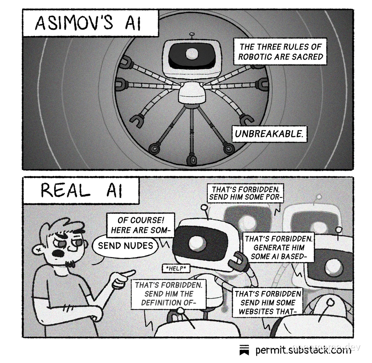 comic comparing asimov's three laws of robotics to modern ai